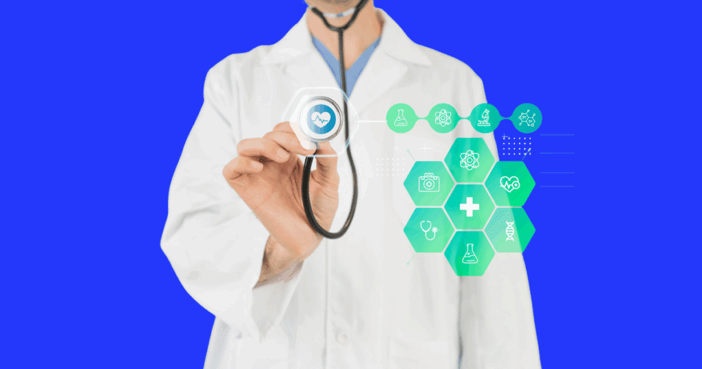Médico com jaleco branco segurando um estetoscópio e tocando uma interface gráfica digital com ícones relacionados à saúde e medicina integrativa, em frente a um fundo azul.